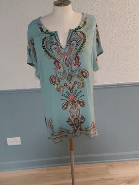 Soft Surroundings Aqua Embroidered V-Neck Tunic
